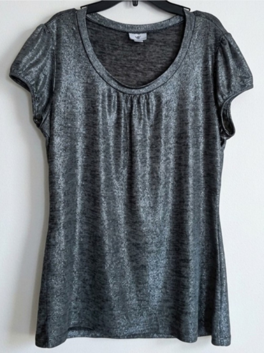 Worthington Metallic Silver Scoop Neck Short Sleeve Top